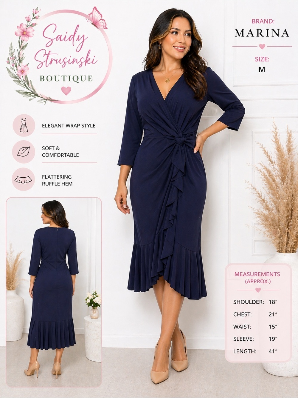 Marina Navy Blue Wrap Dress Size M Ruffle Hem Elegant Stretch Barbiecore